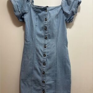Blāshe Denim Mini Dress – Puff Sleeves & Button-Down- Medium- Made in Vietnam